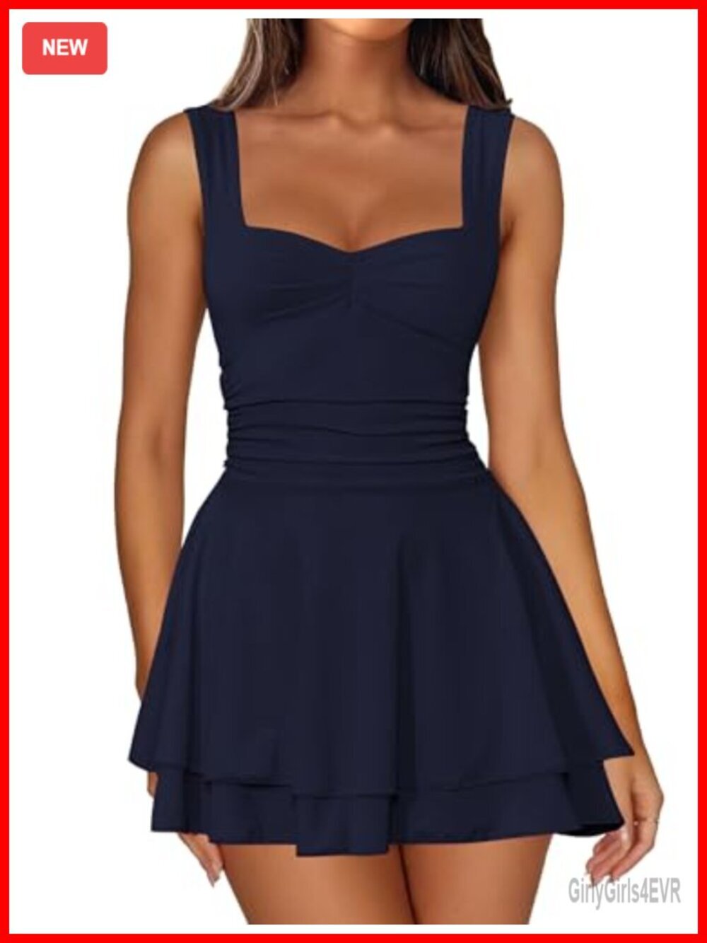 Square Neck Sleeveless Mini Dress Ruched Waist Tiered Ruffle Hem A Line